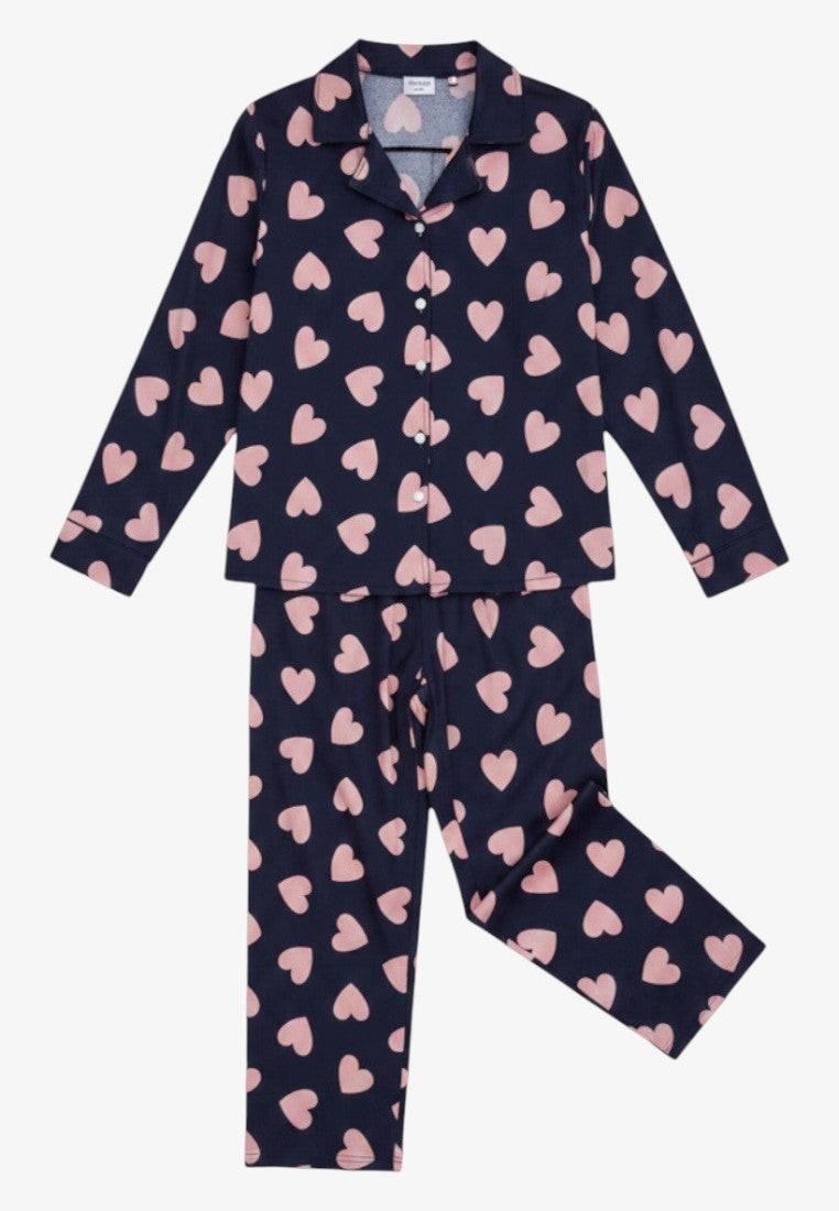 Falio women's navy blue cotton pajama set with pink hearts, long sleeves, and button-up top.