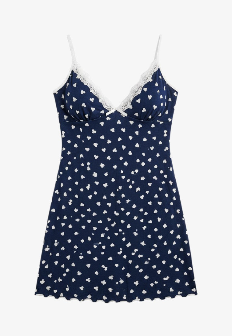 Falio navy blue viscose nightdress with white heart pattern, V-neckline, and delicate lace trim.