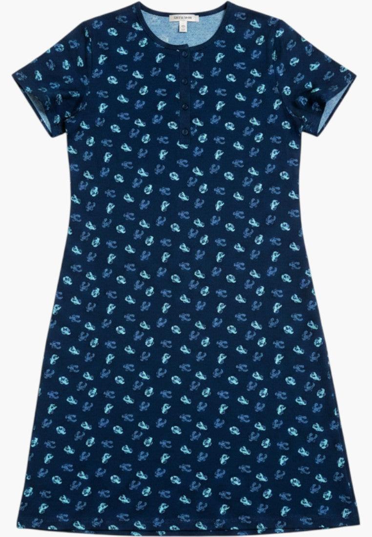 Falio navy blue 100% cotton short sleeve nightgown with a repeating light blue lobster pattern. Round neckline with a button placket, above-the-knee length.