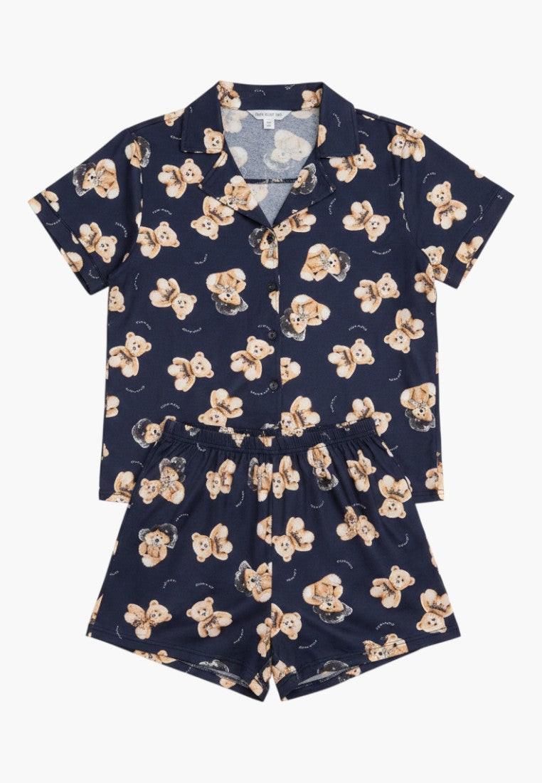 Falio navy blue 100% cotton short sleeve pajama set with teddy bear print and v-neck.
