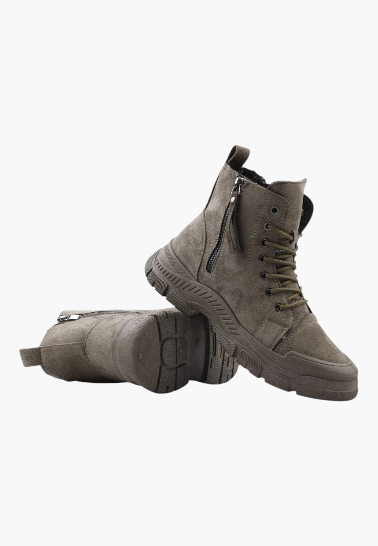Falio women's olive green faux suede lace-up ankle boots with thick lug soles and side zipper closure.