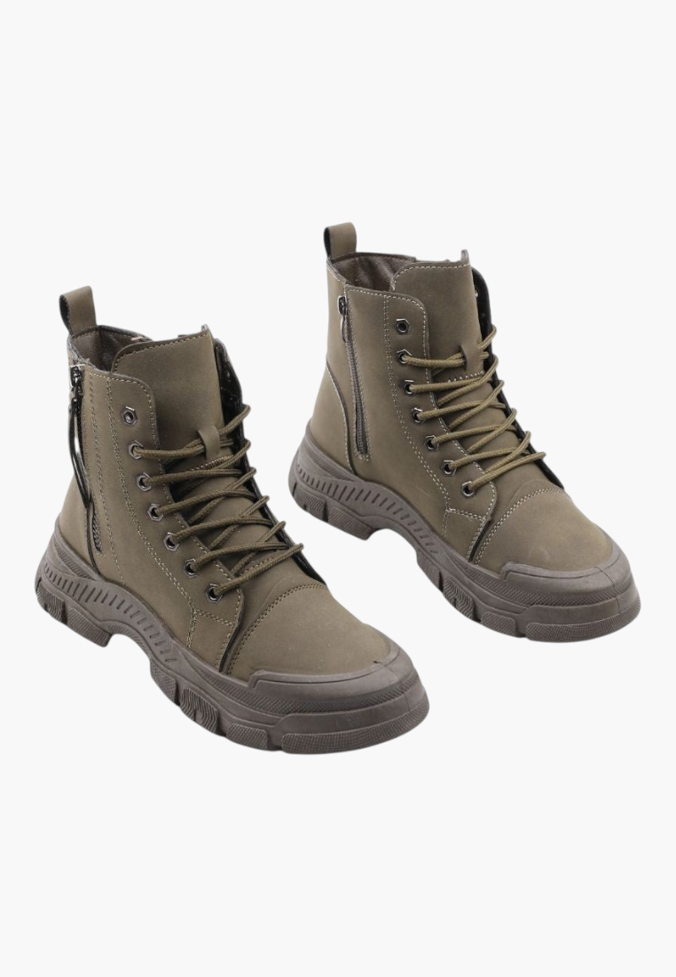 Falio olive green synthetic nubuck lace-up ankle boots with a chunky lug sole and side zipper