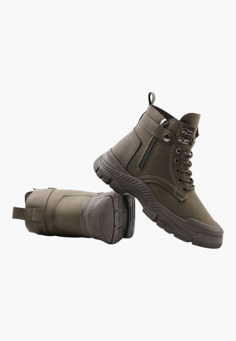 Falio olive green synthetic nubuck lace-up ankle boots with thick lug soles and side zipper detail