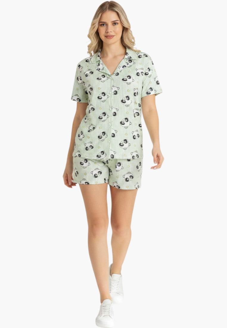 Falio women's light green 100% cotton short pajama set with panda print, V-neck, short sleeves, and button-up top.