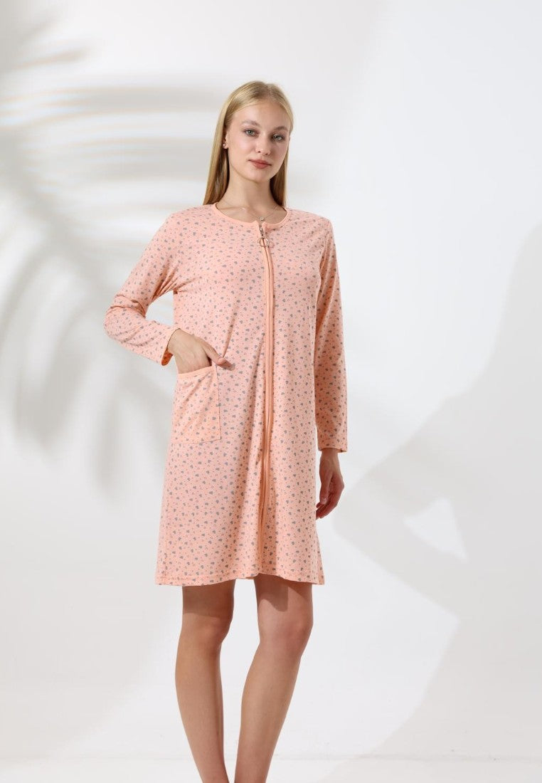Falio women's peach cotton bathrobe with a small floral pattern, 3/4 sleeves, and functional side pockets.