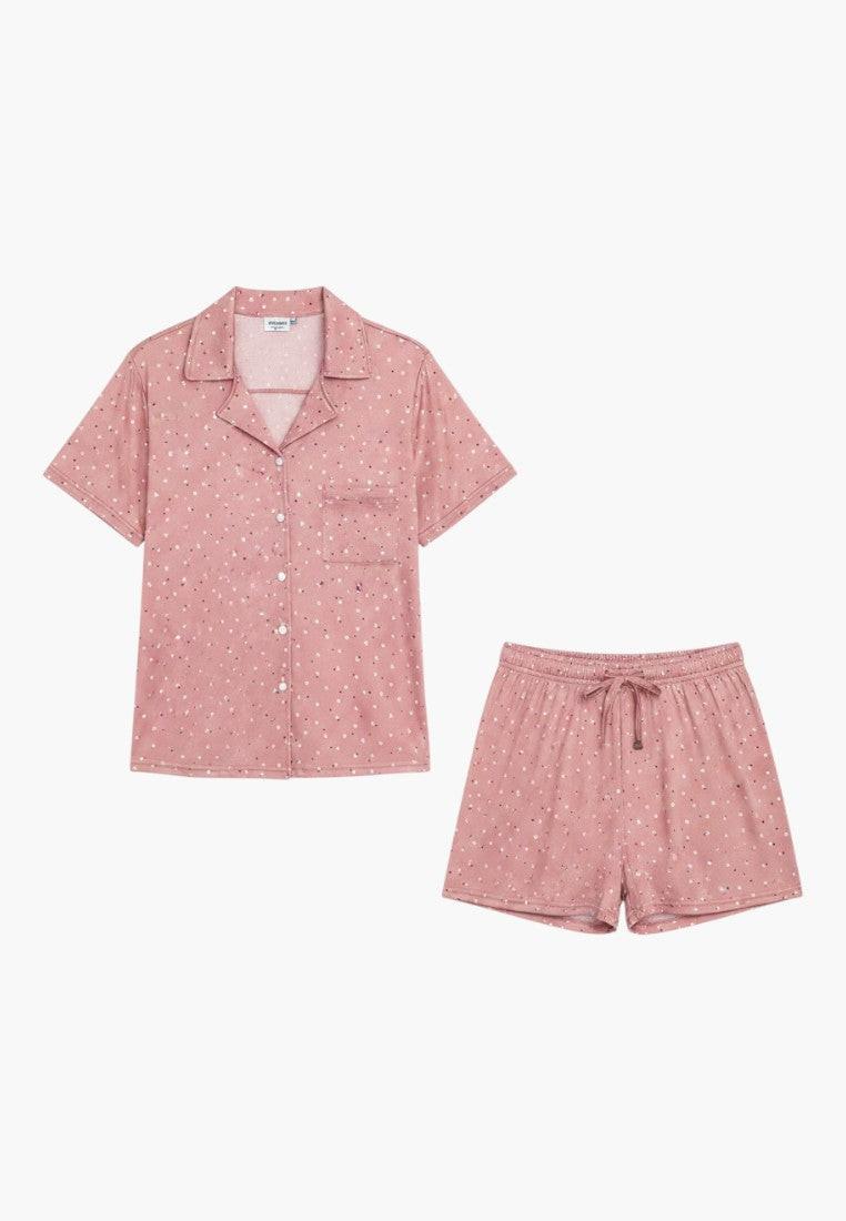 Falio women's pink 100% cotton short pajama set with heart print, collared V-neck, short sleeves, and button-up top.