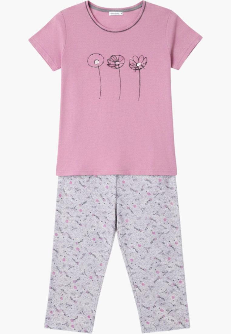 Falio women's pink cotton short sleeve pajama set with floral print capri pants and round neckline.