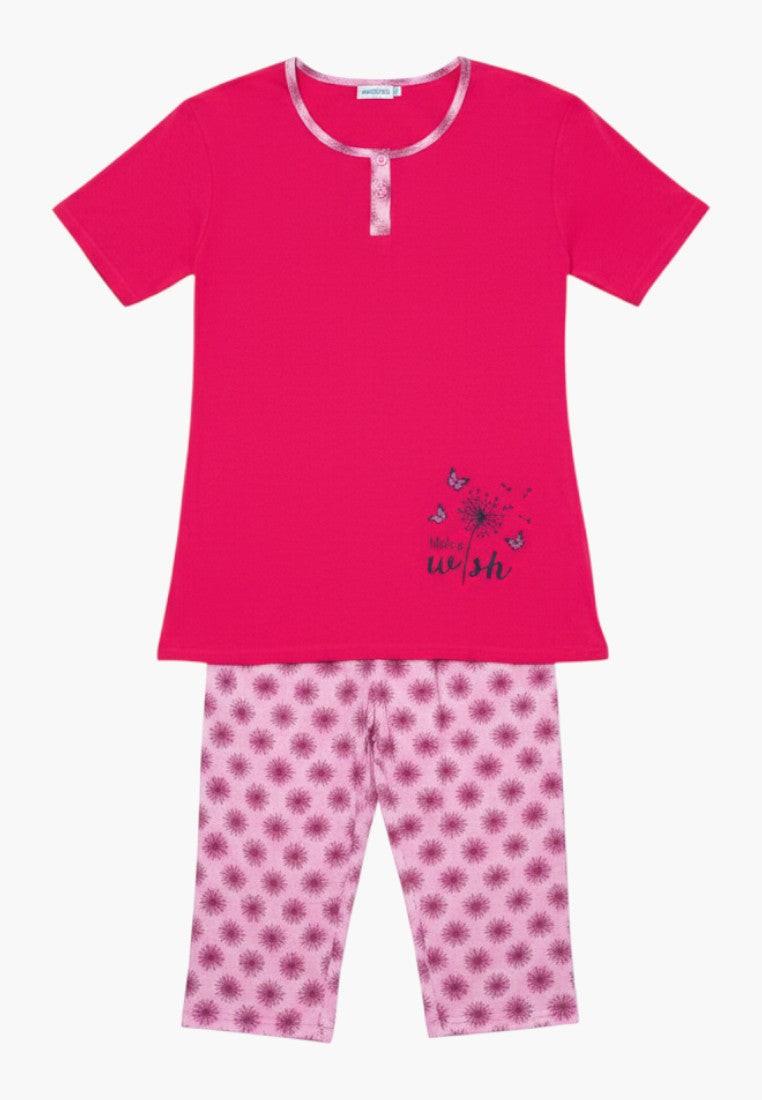 Falio pink cotton 3/4 sleeve pajama set with dandelion and butterfly graphic. Plus size.