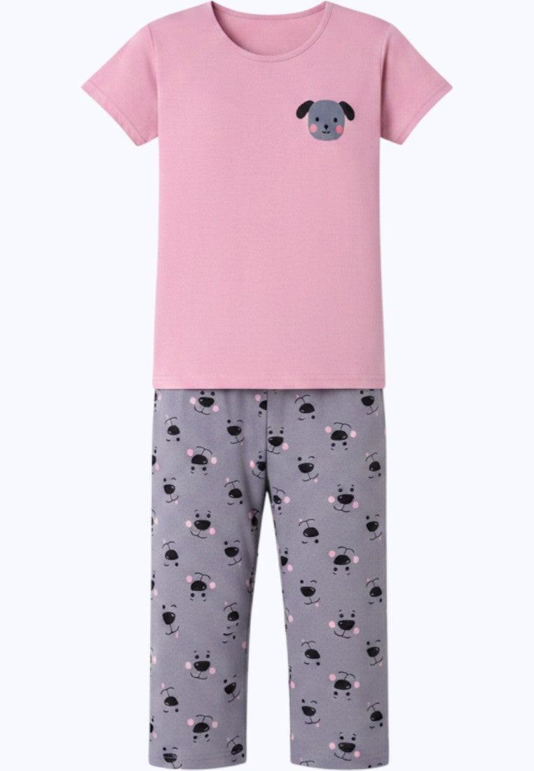 Falio pink short-sleeve t-shirt with dog graphic and grey capri pajama pants with dog print.
