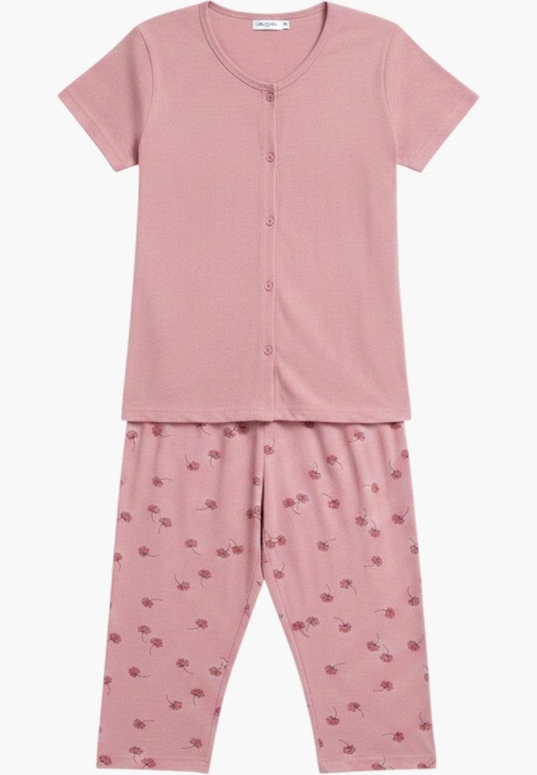 Falio women's pink cotton pajama set with short sleeves and 3/4 length floral print pants.