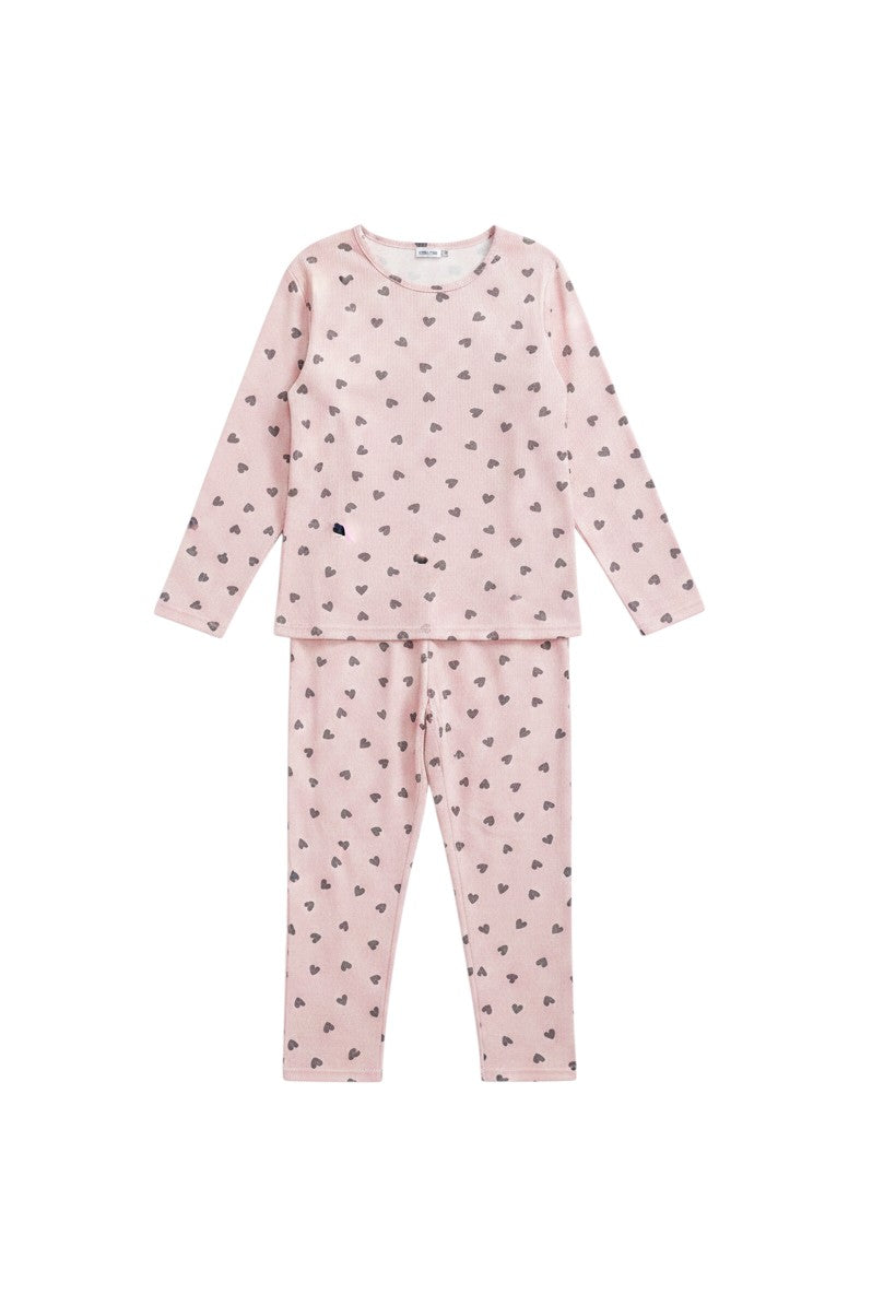 Falio pink cotton long-sleeve pajama set with grey hearts pattern, round neck, and long pants.