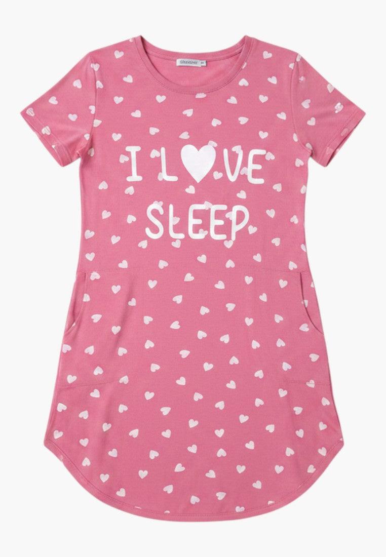 Falio pink short-sleeve nightgown with all-over white hearts print and "I LOVE SLEEP" graphic.