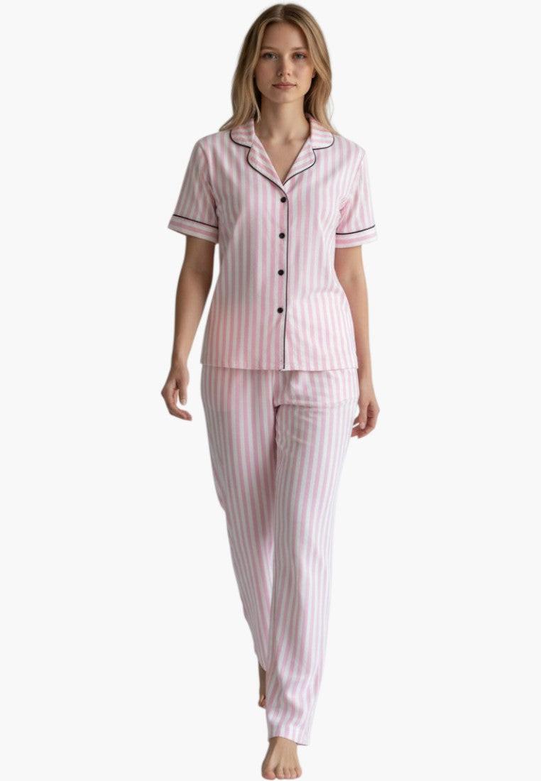 Falio pink and white striped cotton pajama set with short sleeves and 3/4 length pants.