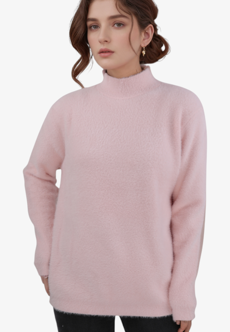 Model wearing a soft pink Falio wool and cashmere blend sweater with a mock neck and long sleeves