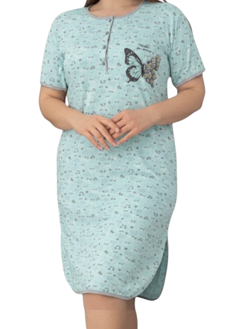Falio light blue cotton plus size nightgown with short sleeves, round neck, and butterfly print. Above knee length.