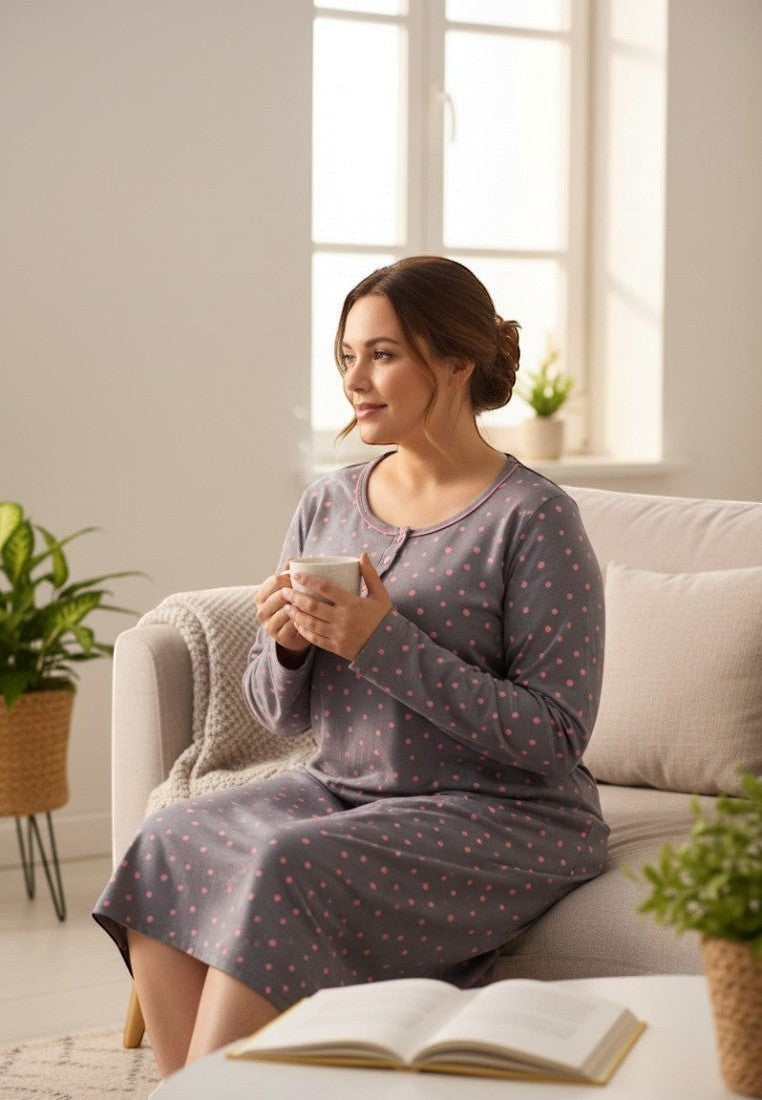 Falio plus size cotton nightgown in grey with pink polka dots, featuring a round neckline and long sleeves.