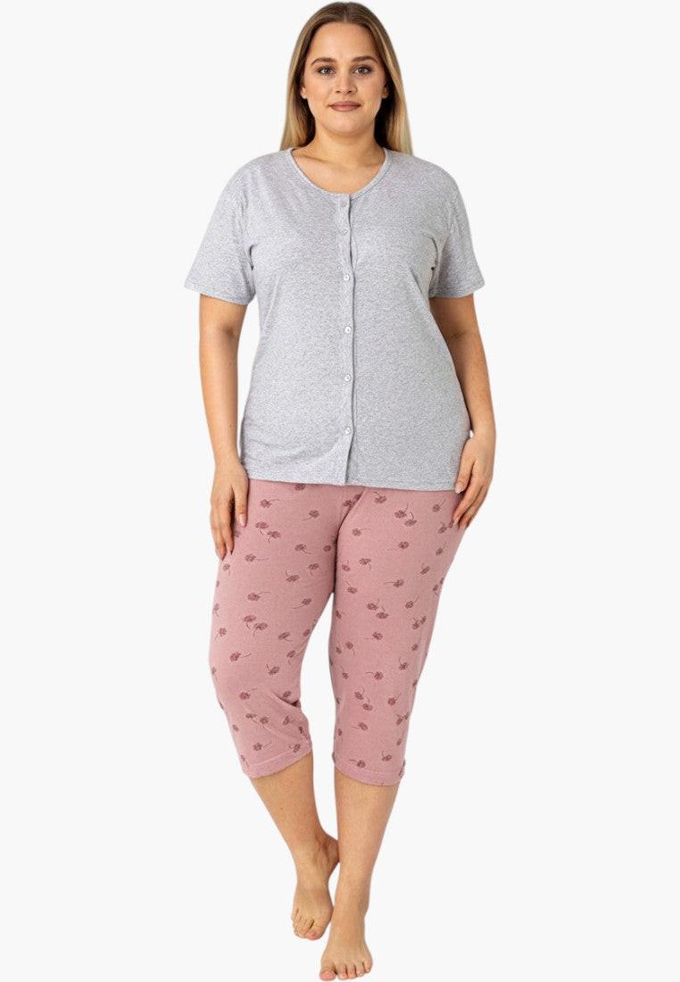 Falio women's plus size 100% cotton pajama set with grey short-sleeve button-up top and pink floral 3/4 pants.