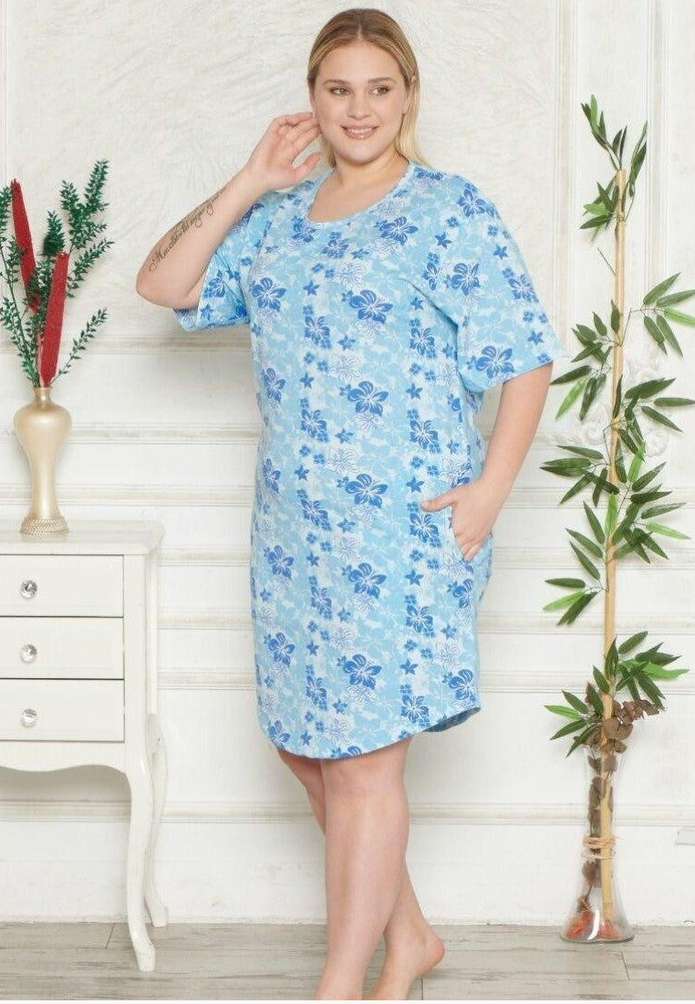 Falio plus size cotton nightgown in light blue with a floral print, featuring a round neckline and short sleeves.