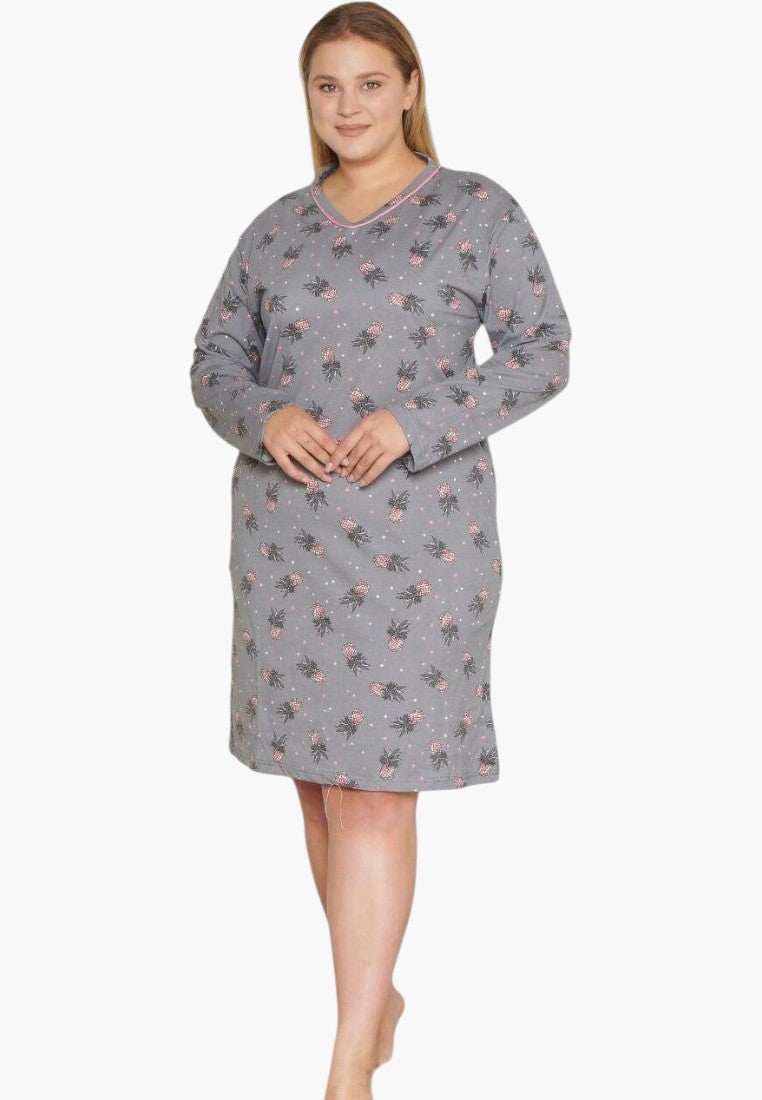 Falio plus size grey cotton nightgown with a pineapple print, round neckline, and long sleeves.