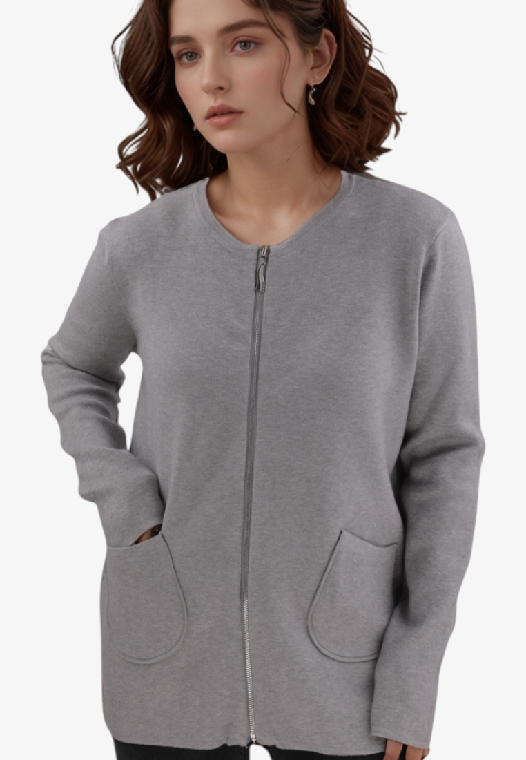 Falio plus size grey viscose cardigan with a round neckline, full-length zipper, and two front pockets on a model.