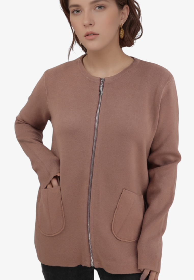 Falio plus size viscose blend sweater in dusty rose with a front zipper, round neckline, and two side pockets.