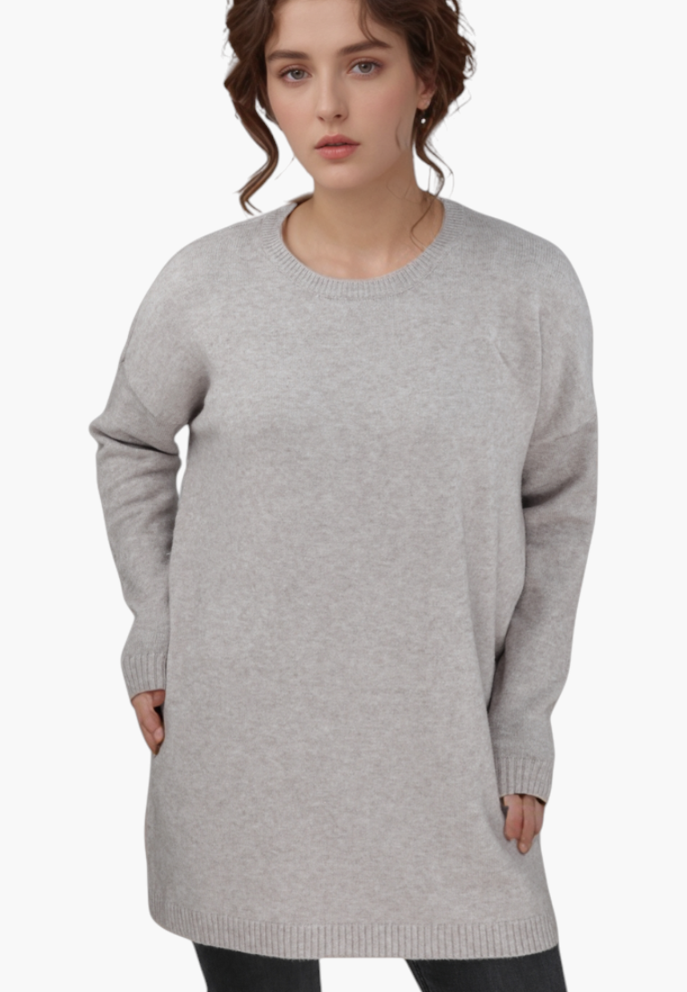 Falio plus size women's sweater in light brown wool and cashmere blend with a round neckline and long sleeves.