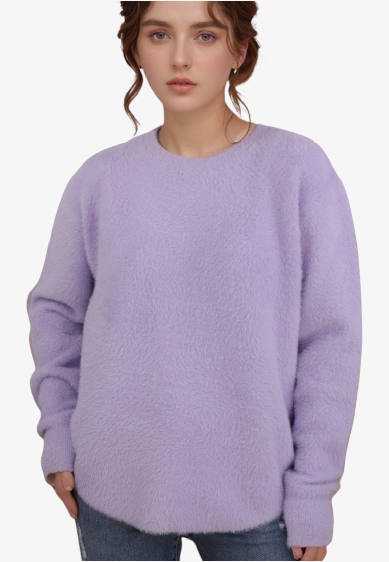 Falio purple crew neck sweater made of a soft wool and cashmere blend worn by a woman with long sleeves