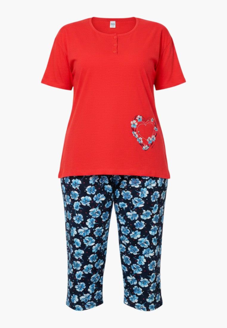 Falio red cotton short-sleeve pajama top with heart detail and blue floral 3/4 pants. Plus size.