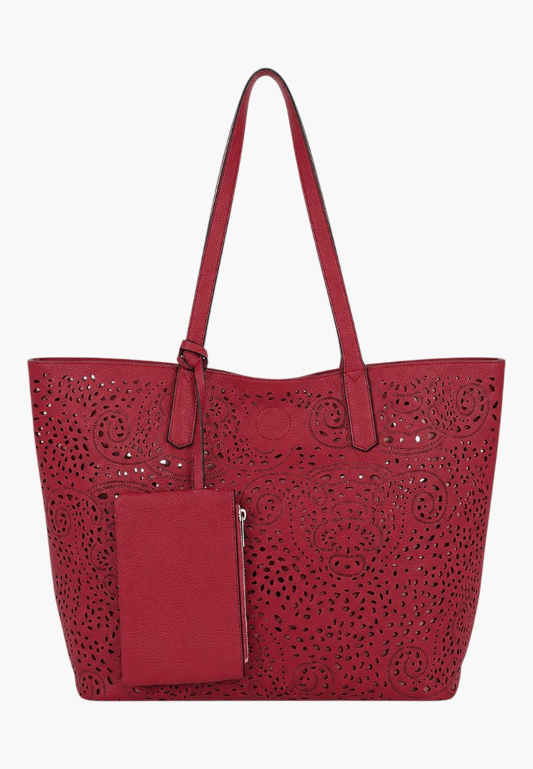 Falio red faux leather shopper bag with intricate laser-cut floral patterns and a matching detachable pouch