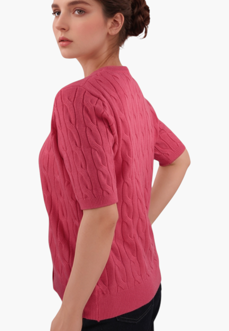Falio red short-sleeve button-up cardigan in soft viscose blend with cable knit texture worn by a model