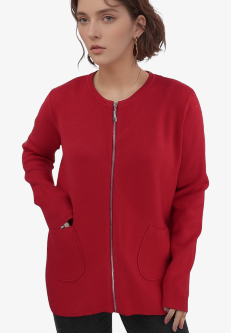 Falio plus size red viscose cardigan with a round neckline, long sleeves, front zipper, and two side pockets.