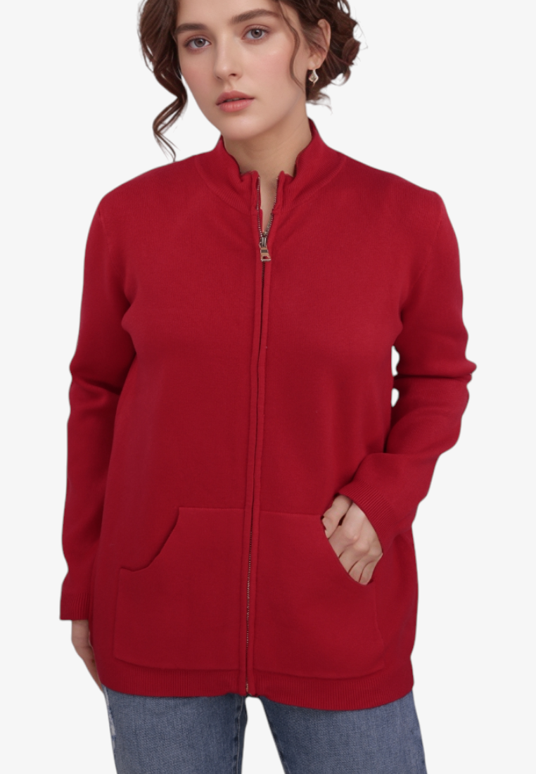 Falio red viscose zip-up sweater with long sleeves and two front pockets worn by a woman