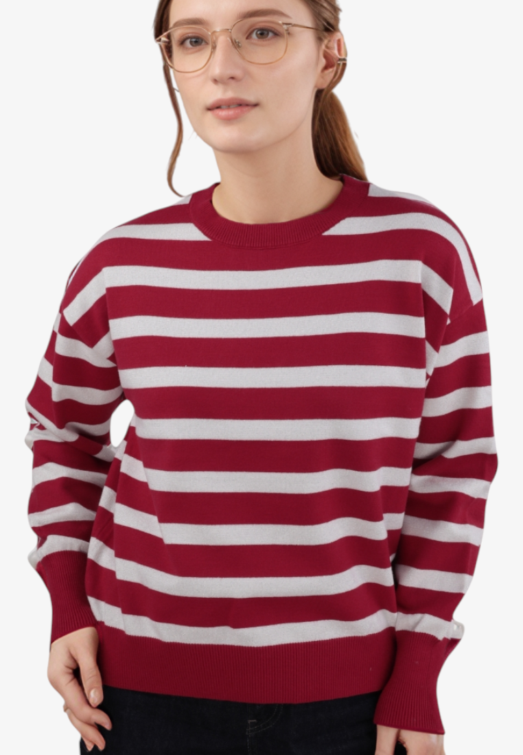Falio women's red and white striped crew neck sweater with long sleeves worn by a model with glasses