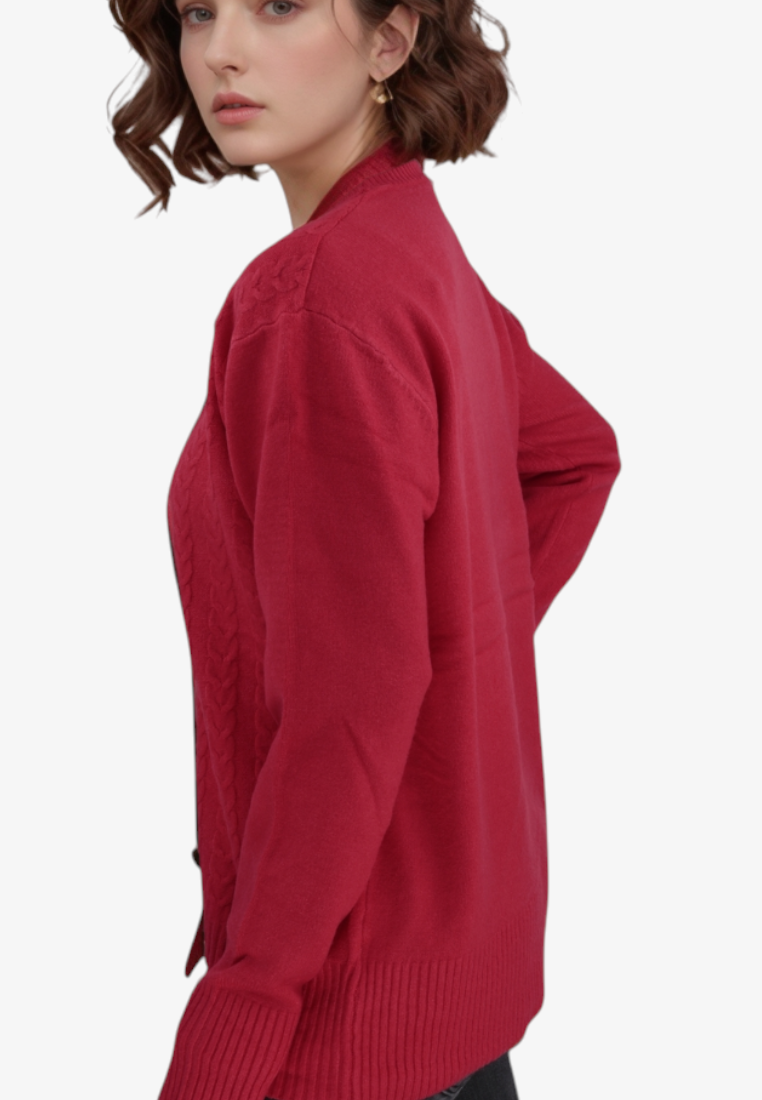 Falio red wool and cashmere blend sweater with long sleeves and round neckline worn by a woman, side view