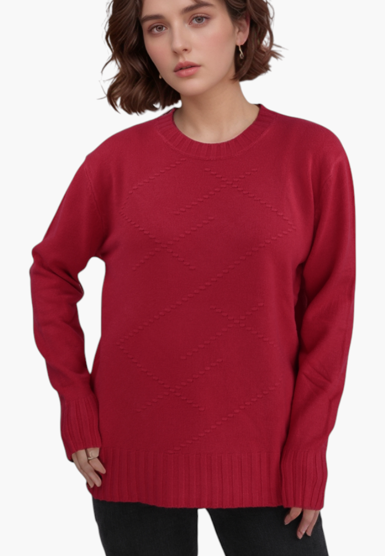 Falio red wool and cashmere blend sweater with a crew neck and subtle diamond pattern worn by a woman