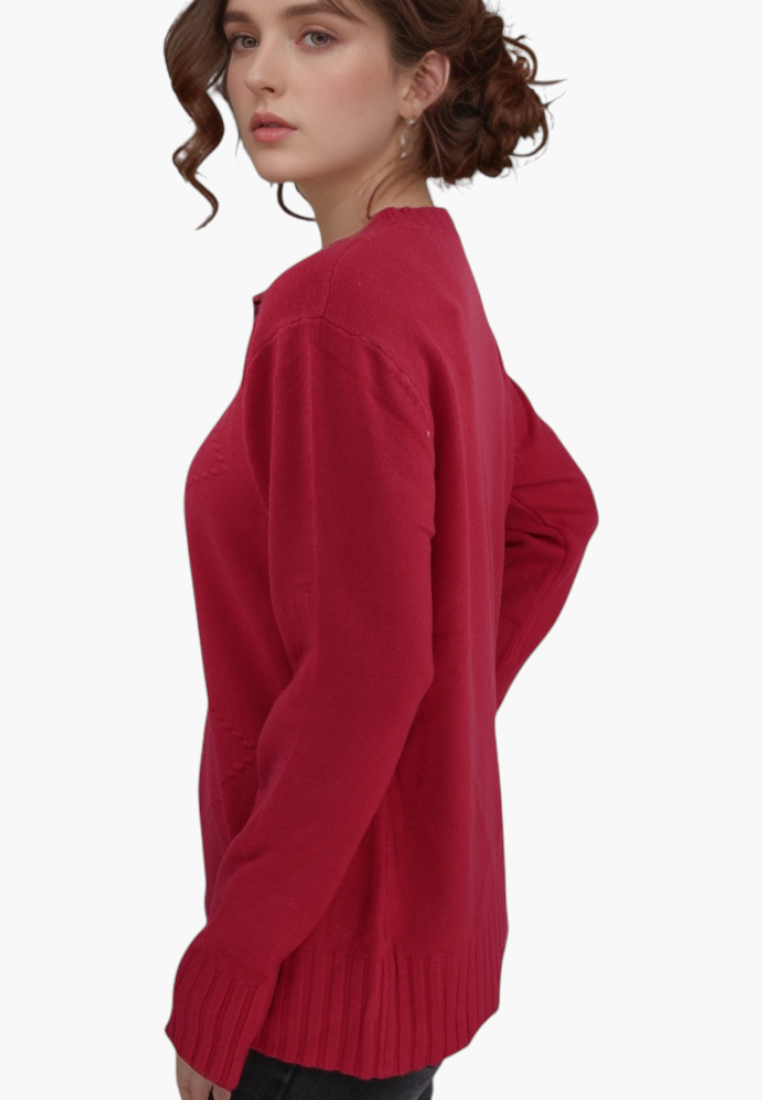 Falio red wool and cashmere blend sweater with round neck worn by a woman, side profile view