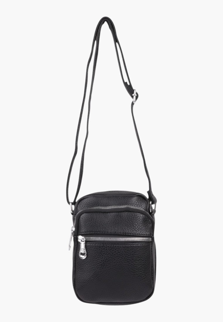 Falio small black faux leather crossbody bag with silver zippers and an adjustable shoulder strap