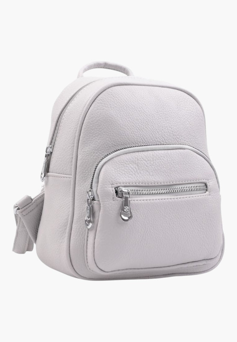 Falio small grey faux leather urban backpack with zippered front pocket and main compartment