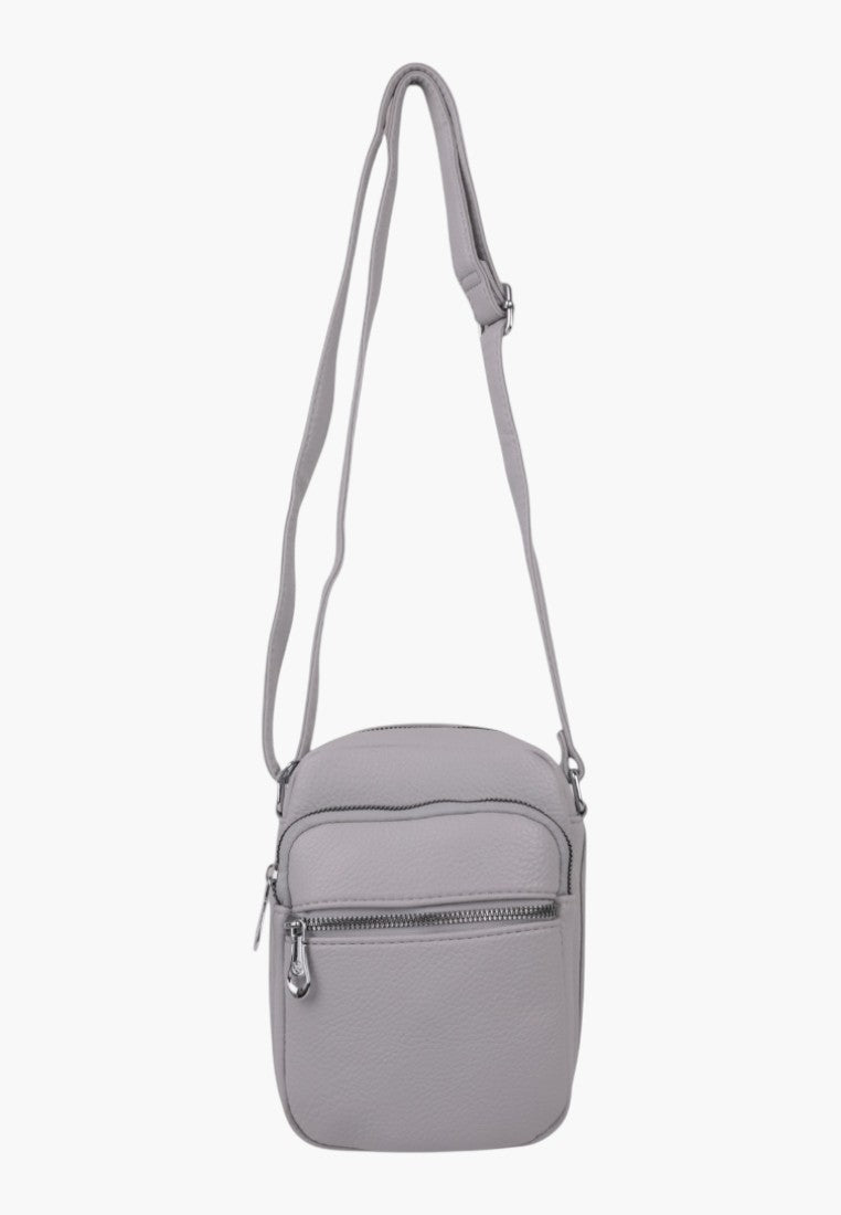 Falio small grey faux leather crossbody bag with a zippered front pocket and adjustable shoulder strap