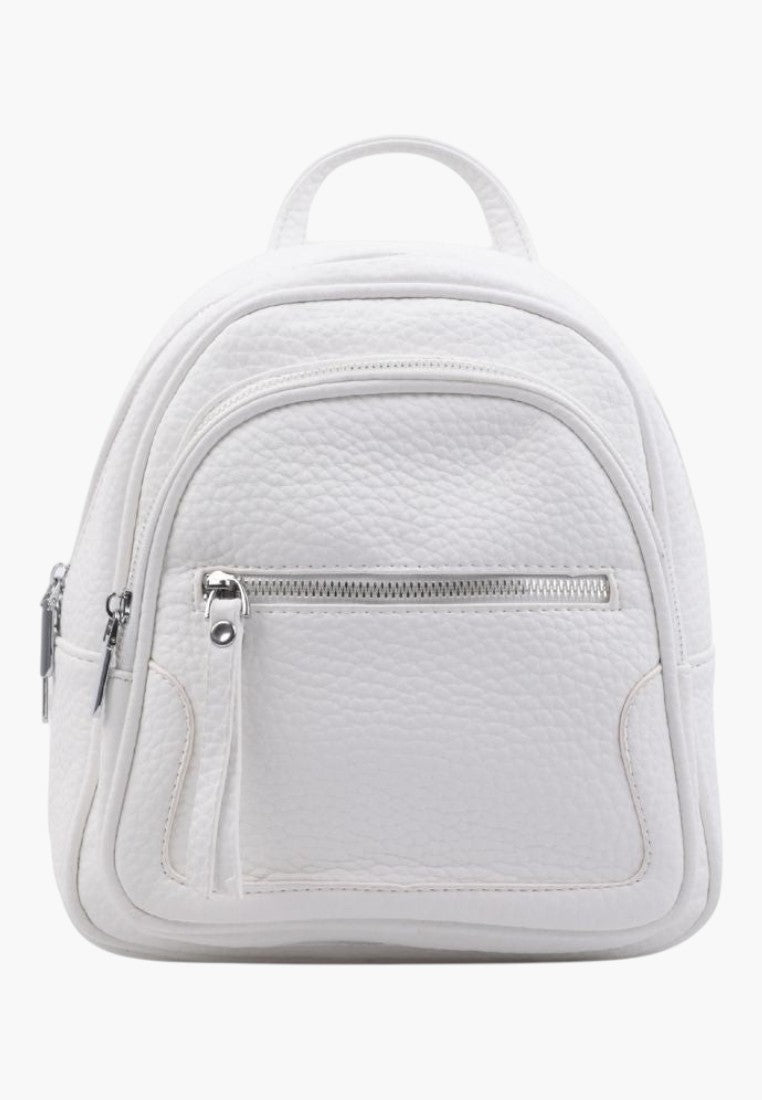 Falio small white faux leather urban backpack with zippered pockets and silver hardware