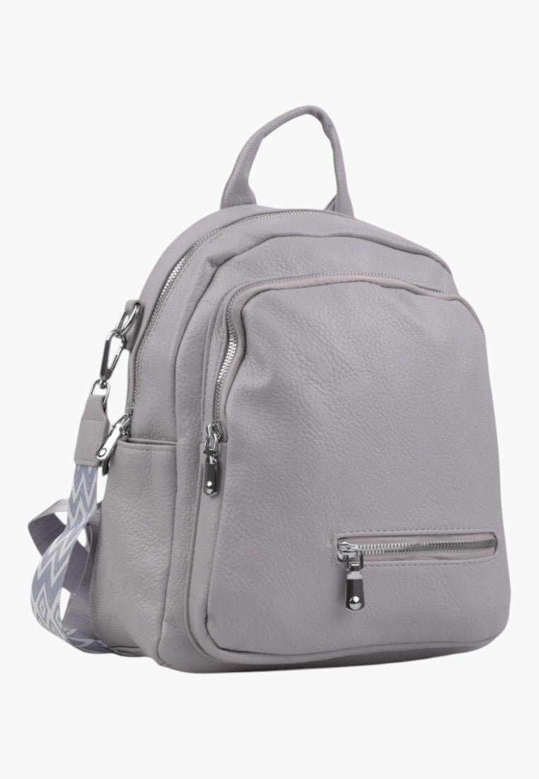 Falio stone grey urban women's backpack with silver zippers and a patterned strap on a white background