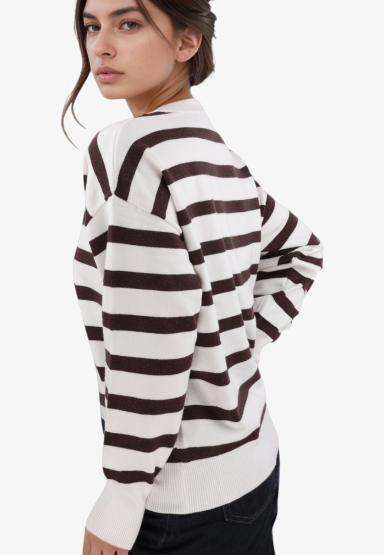 Falio women's brown and white striped long-sleeve viscose blend sweater with a round neckline on a model