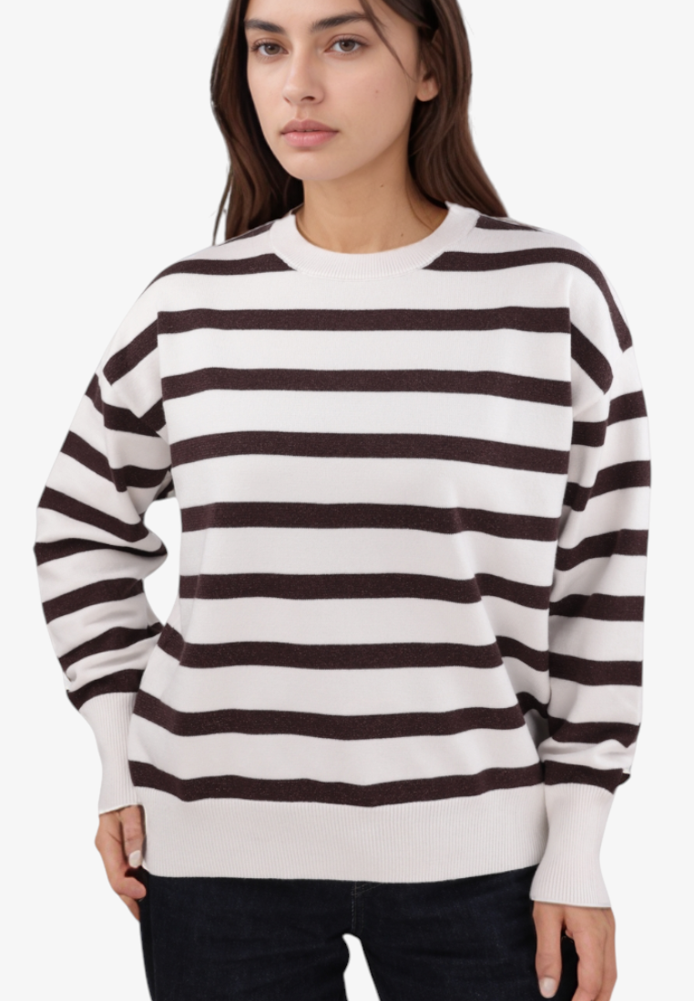 Falio women's long-sleeve sweater in a white and brown striped viscose blend with a classic round neckline