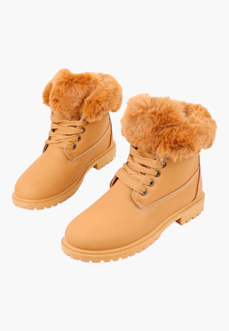 Falio women's tan synthetic nubuck lace-up ankle boots with plush faux fur trim and flat soles