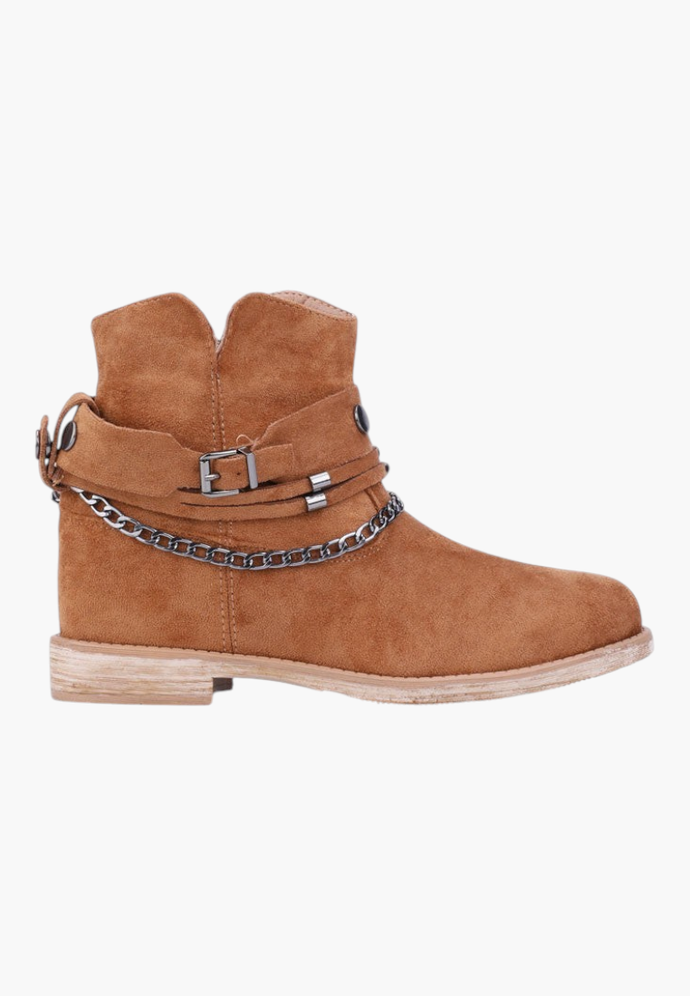 Falio tan faux suede ankle boots with a 7cm hidden wedge, featuring removable chain and strap embellishments.