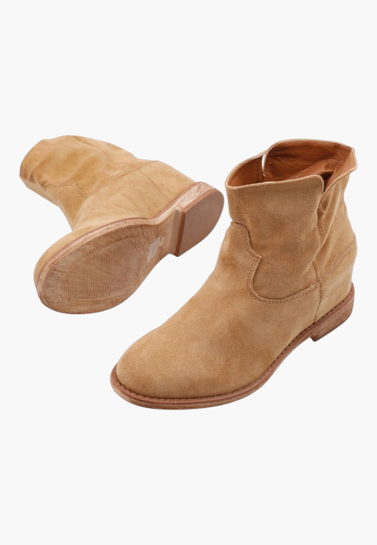Falio tan faux suede ankle boots with hidden wedge heel and rounded collar in a western-inspired style.