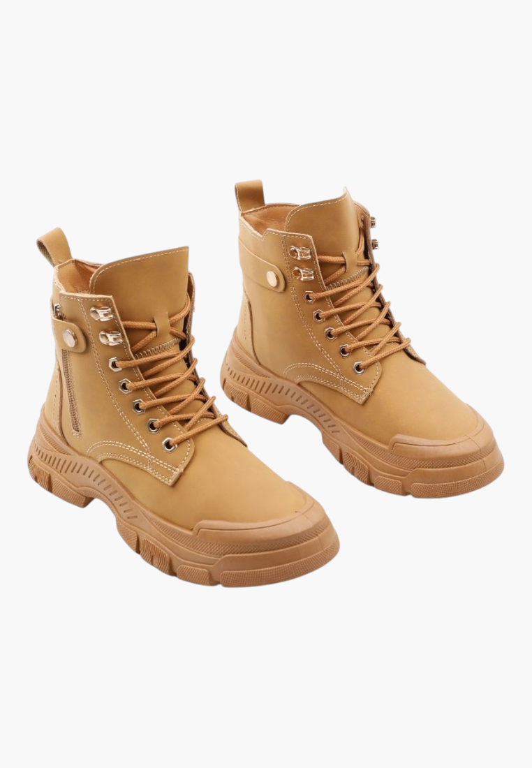 Falio tan synthetic nubuck lace-up ankle boots with a thick lug sole and side zipper detail.