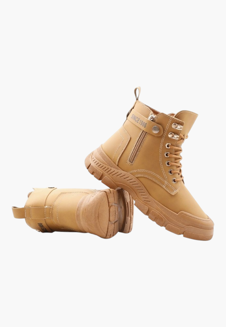 Falio tan synthetic nubuck lace-up ankle boots with thick lug soles and side zipper detail