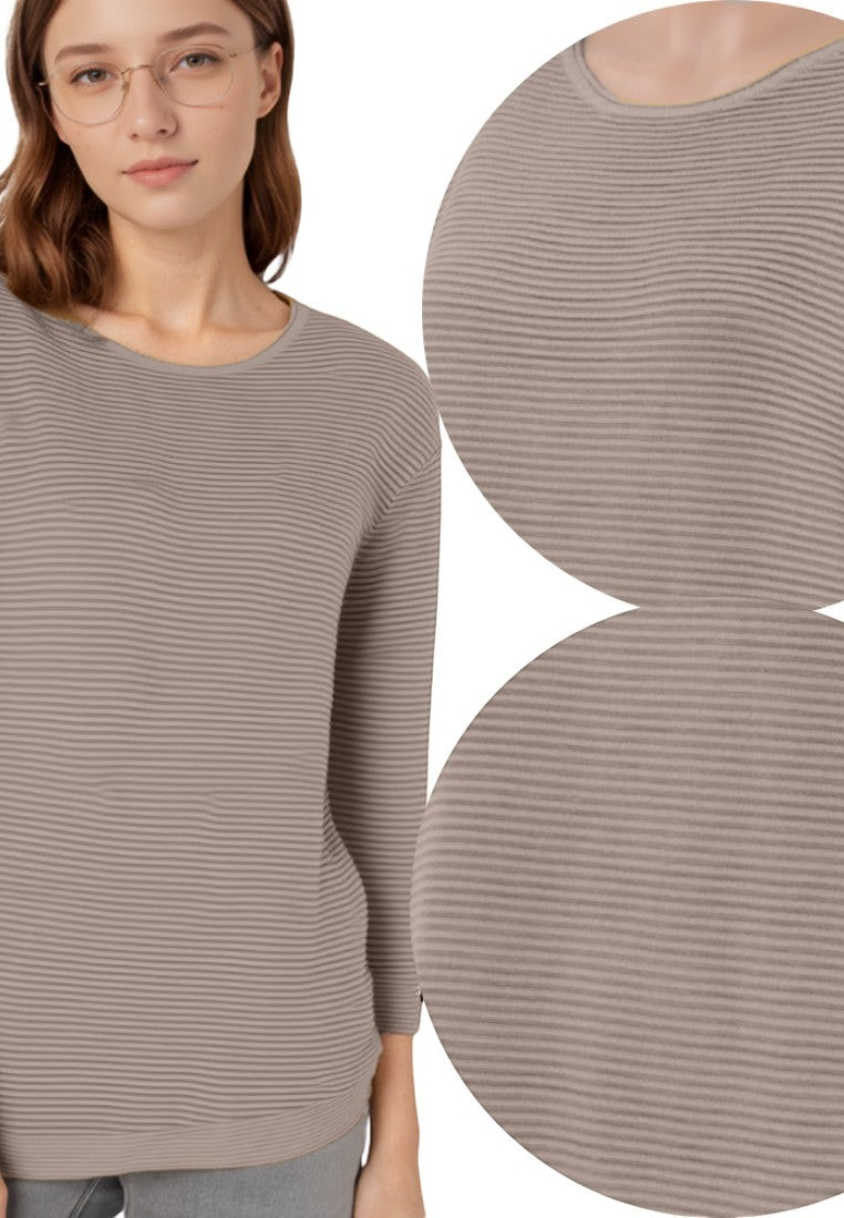 Falio women's long-sleeve sweater in taupe with a ribbed texture and round neckline worn by a model with glasses