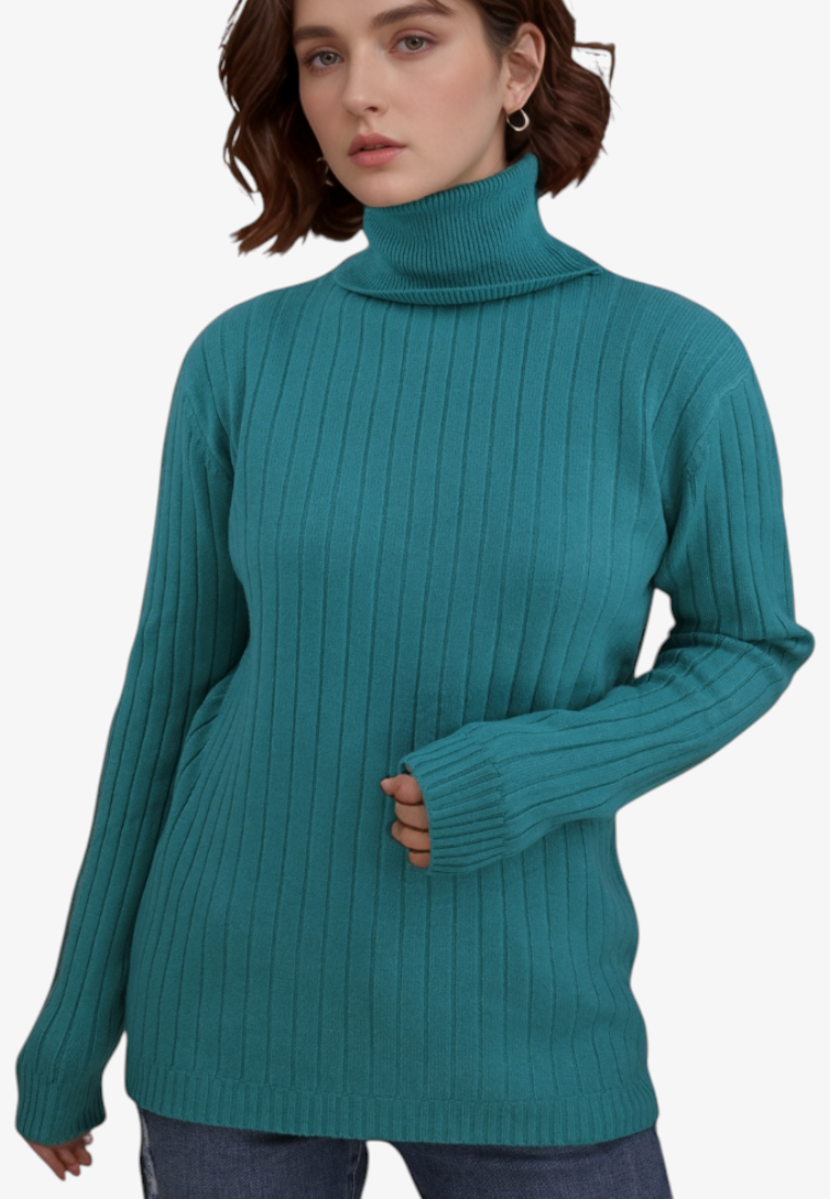 Falio women's teal ribbed turtleneck sweater in a soft wool and cashmere blend, worn by a model.